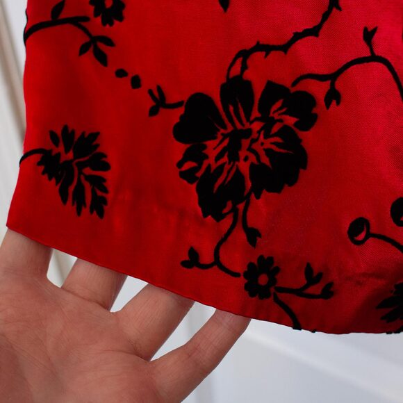 Gothic Red Dress Black Floral Vine Print Mini Slip Style VTG 3/4 Bright Spring - Picture 4 of 6